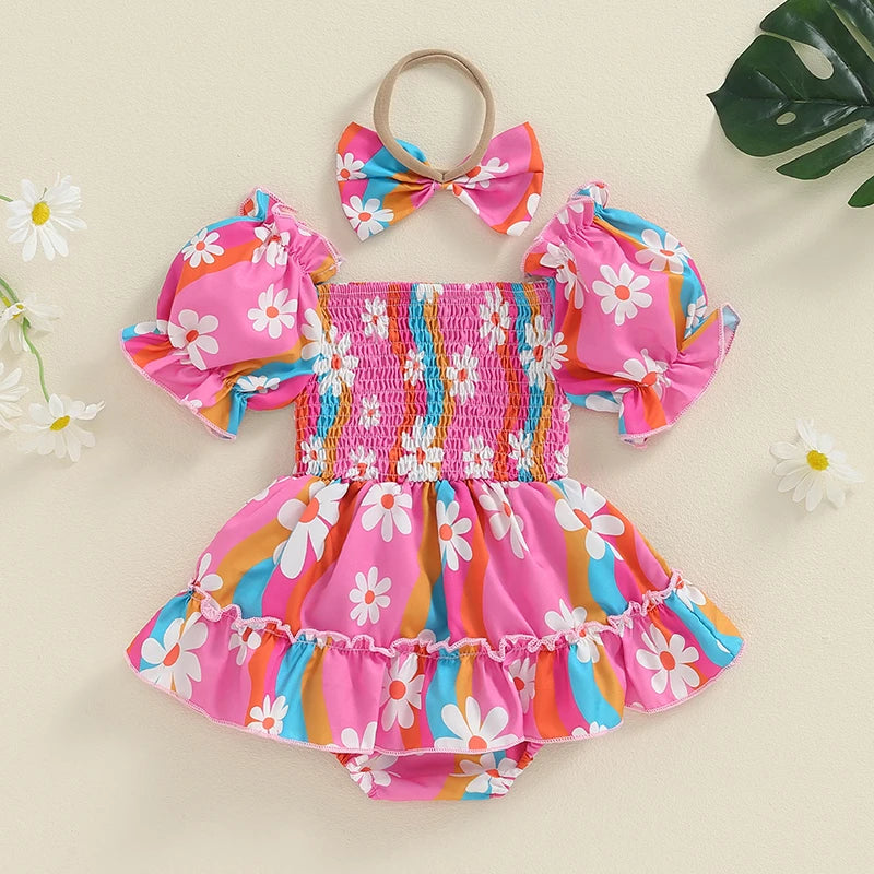 0-18M Baby Girls Summer Sweet Romper Dress Short Sleeve Elastic Neckline Sunflowers Print Jumpsuits with Headband