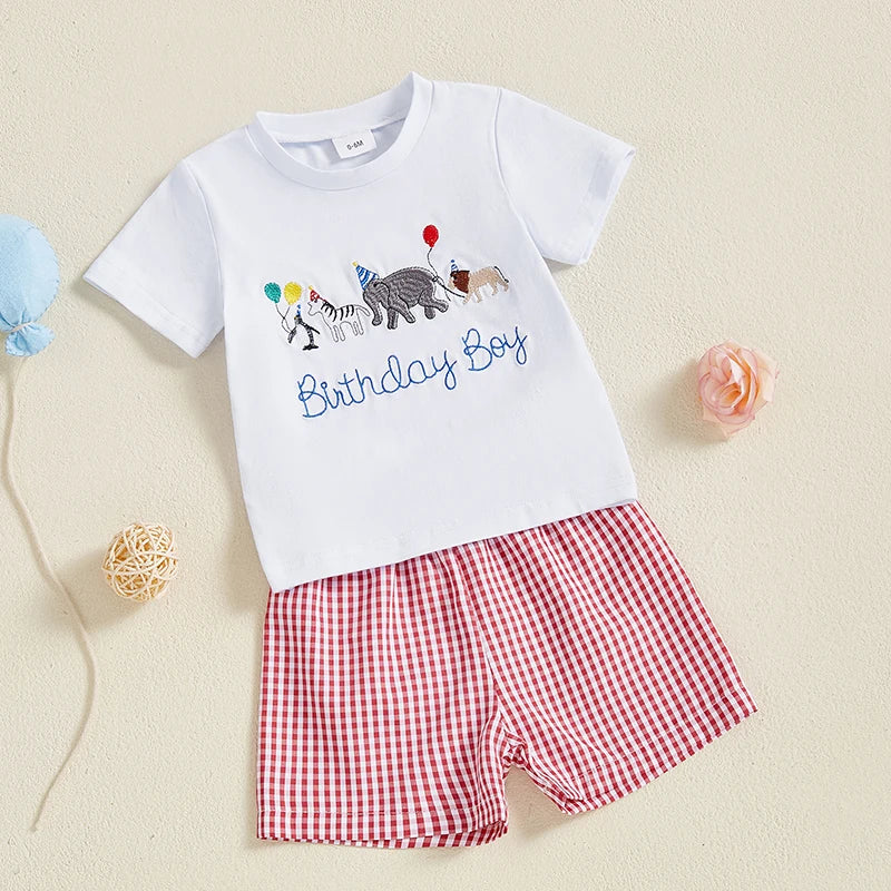 Summer Casual Baby Boys Birthday Outfit Set - Letter Animal Print T-Shirt with Plaid Shorts