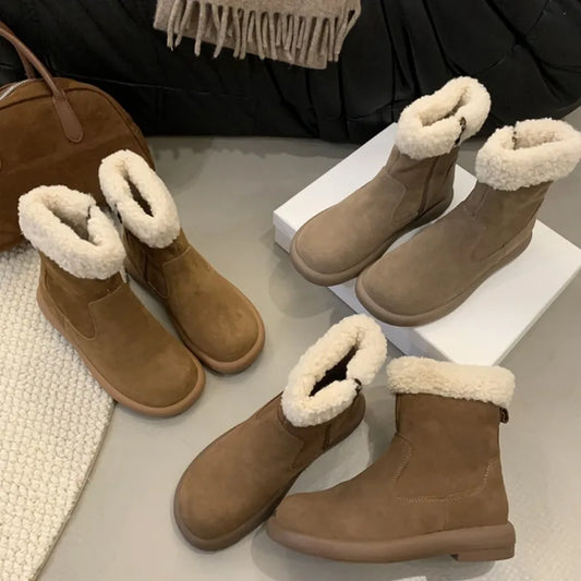 Faux Suede Plush Lined Platform Ankle Snow Boots | Side Zip | Women's 35–39