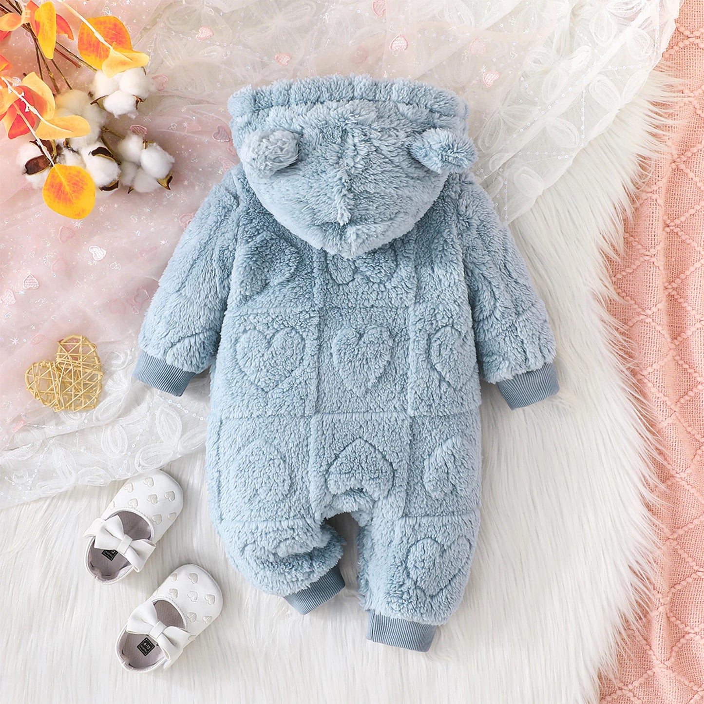 Baby Girls Boys Warm Romper 0-18M Solid Plush Hooded Long Sleeve Jumpsuits