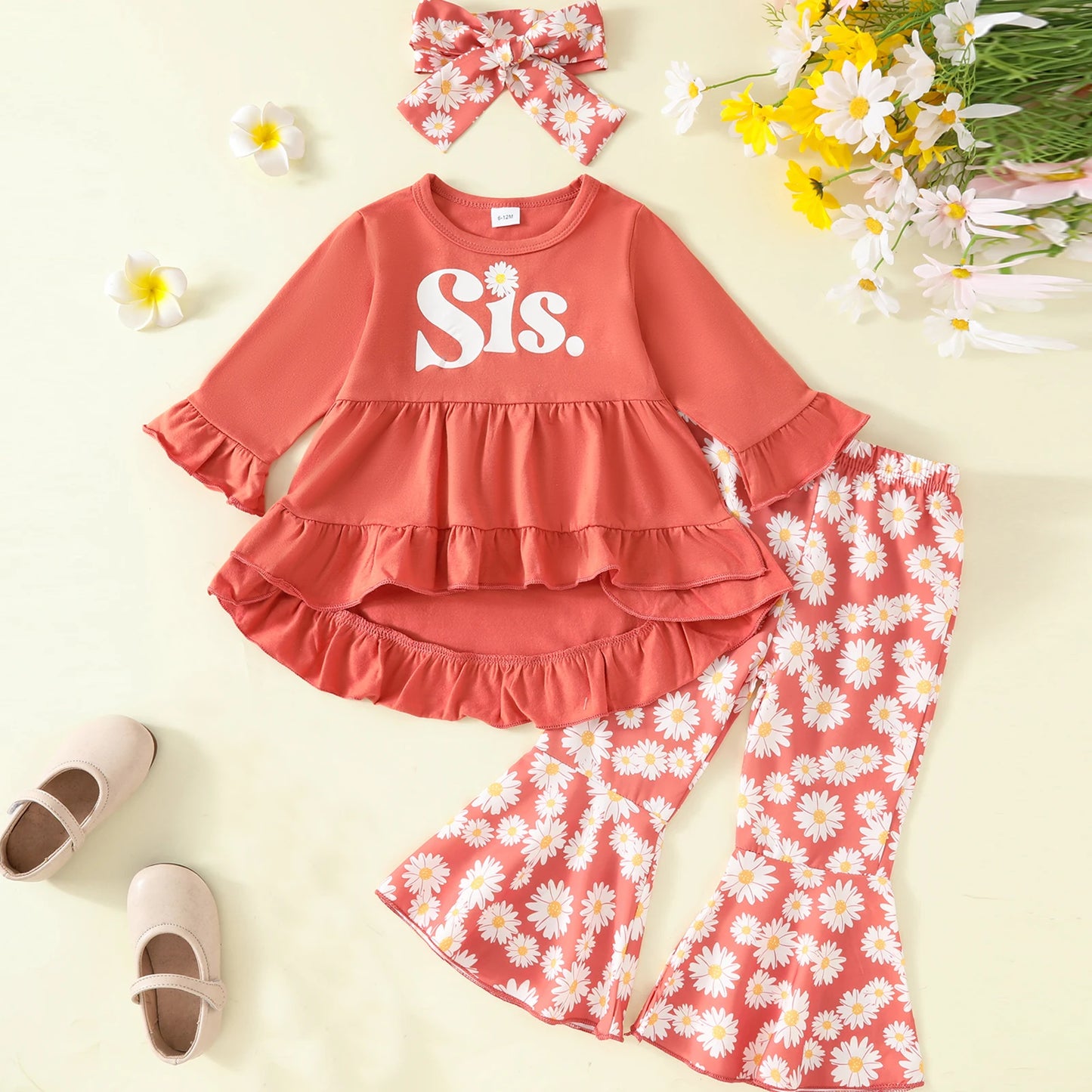 0-4Y Girls Letter Print Long Sleeve Ruffled Dress Tops Sunflowers Flare Pants and Headband