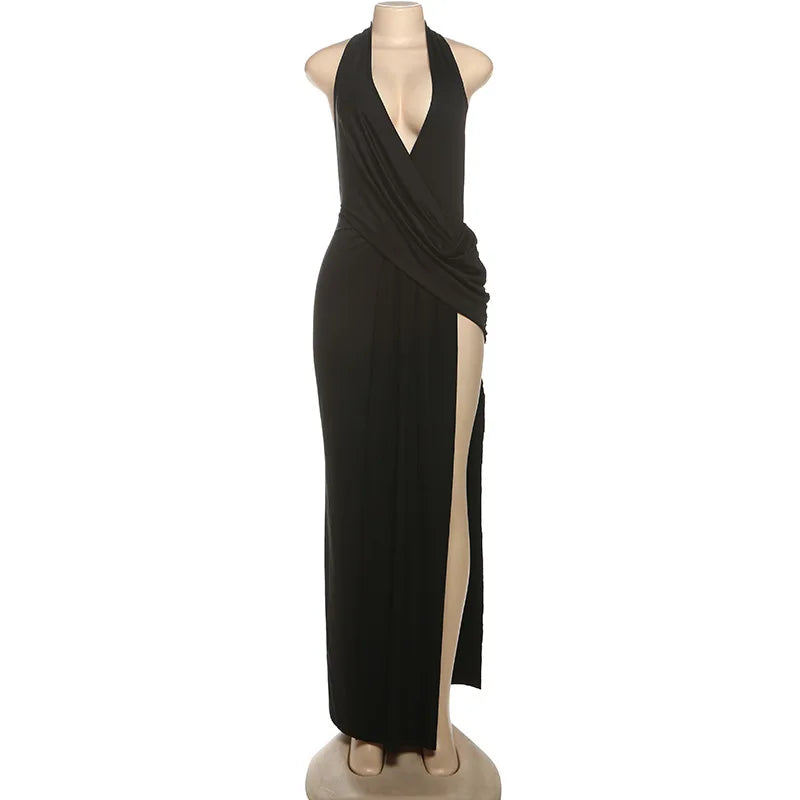 Women's Halter Draped Ruched Maxi Dress - Backless Deep V Neck Gown