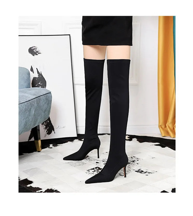 Satin Over-the-Knee Boots - Pointed Toe High Heel Elastic Autumn Winter Boots