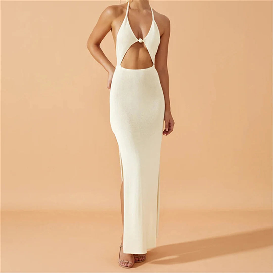 Knit Halter V Neck Slit Beach Maxi Dress Cover Up
