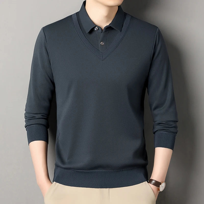 Men's Fleece Knit T-Shirt - Fake Two-Piece Smart Casual Tee for Autumn Winter
