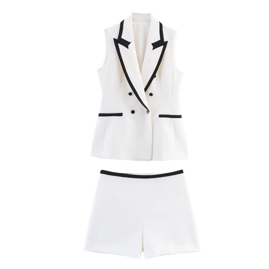 Women's Summer Colour Contrasting Edge Flip Collar Sleeveless Tank Top with Casual Shorts