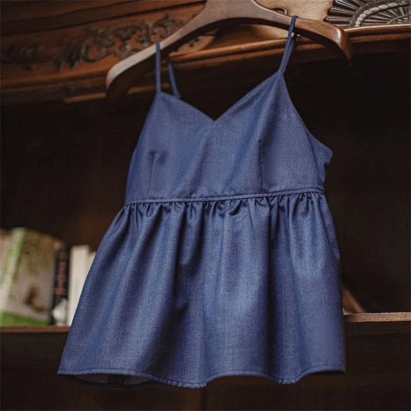 Women's Y2K Denim Vest Top - Blue V-Neck Sleeveless Tank with Ruched Details Summer Streetwear