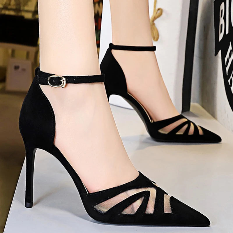 Women's Mesh Hollow Suede High Heels Stiletto Shoes