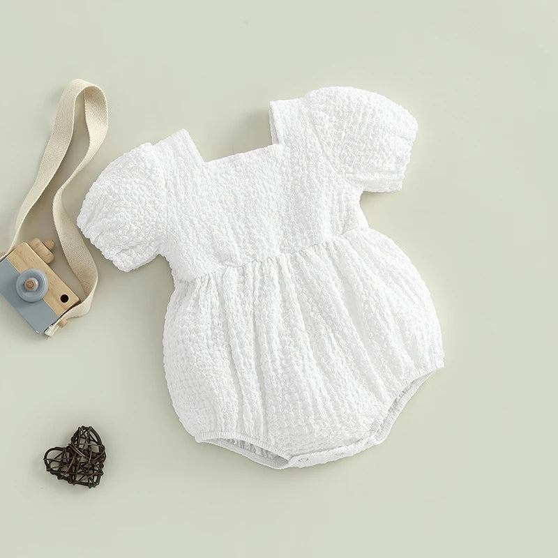Baby Girls Bubble Romper - Short Puff Sleeve Square Neck Backless Playsuit