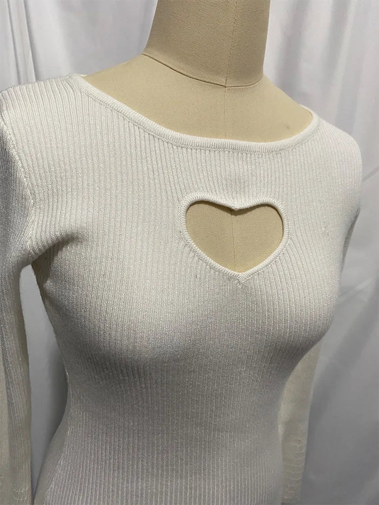 Women's Heart Cut Out Ribbed Knit Flare Sleeve Pullover Top