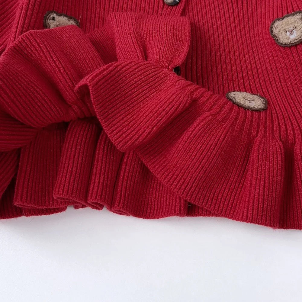 Christmas Red Teddy Bear Knitted Sweater and Pants Set - Girls Winter Outfit