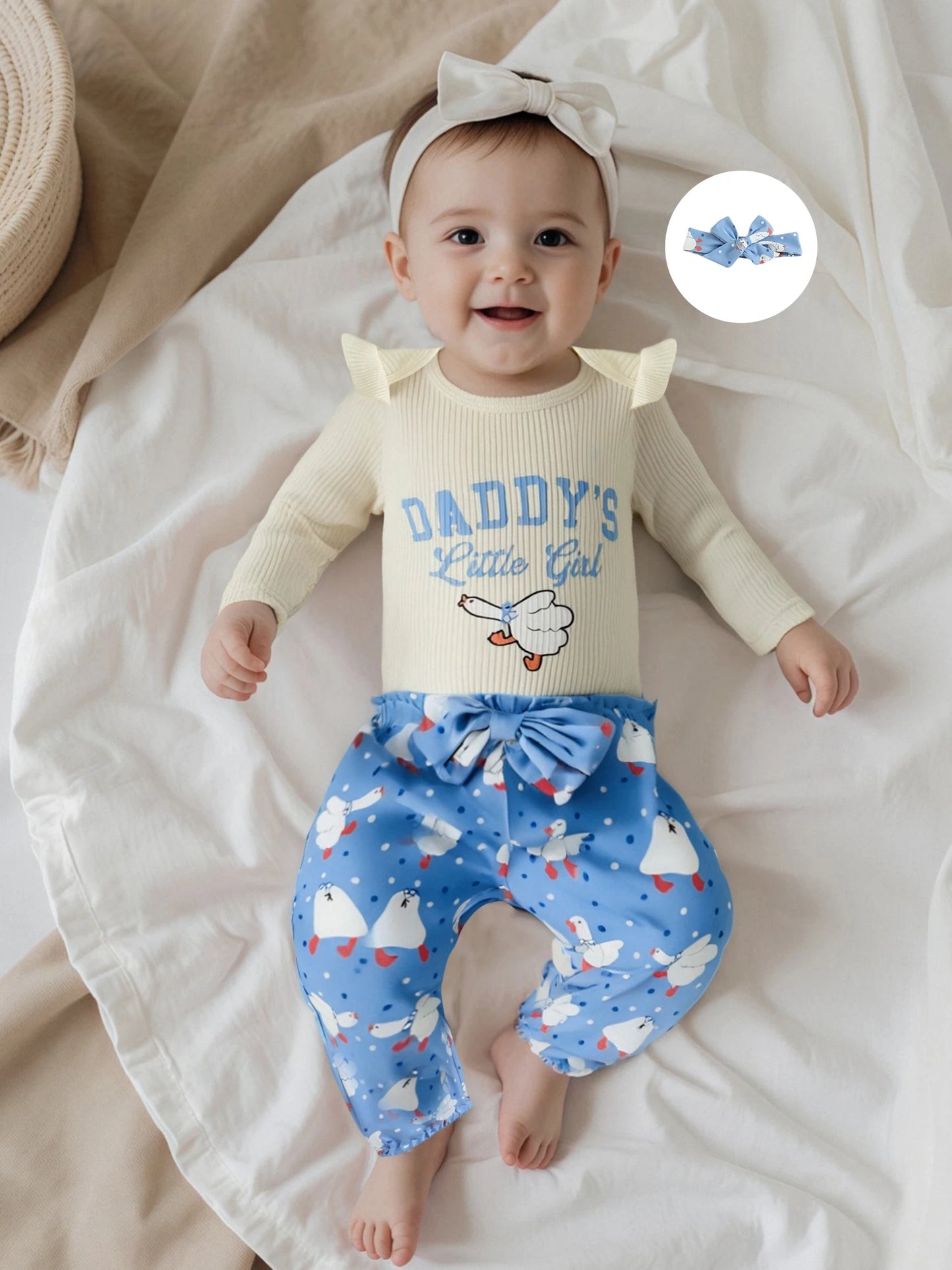 Baby Girls Duck Print Outfit Set - 3-Piece Long Sleeve Romper, Dot Pants & Headband (0-18M)