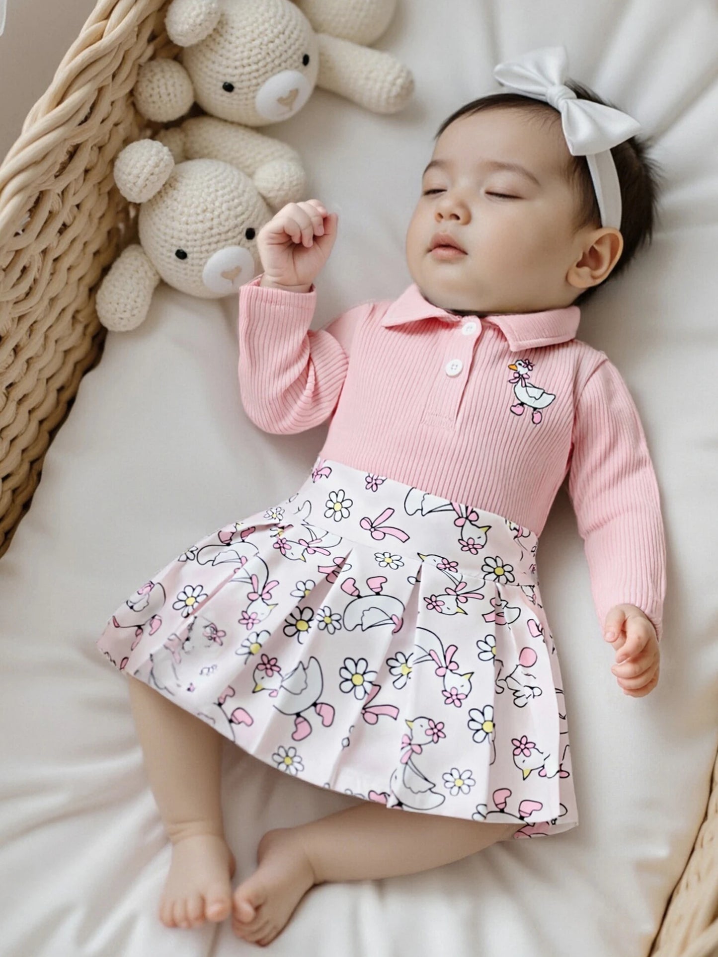 Baby Girls Animal Embroidery Outfit Set - Long Sleeve Top & Floral Print Skirt (0-4Y)