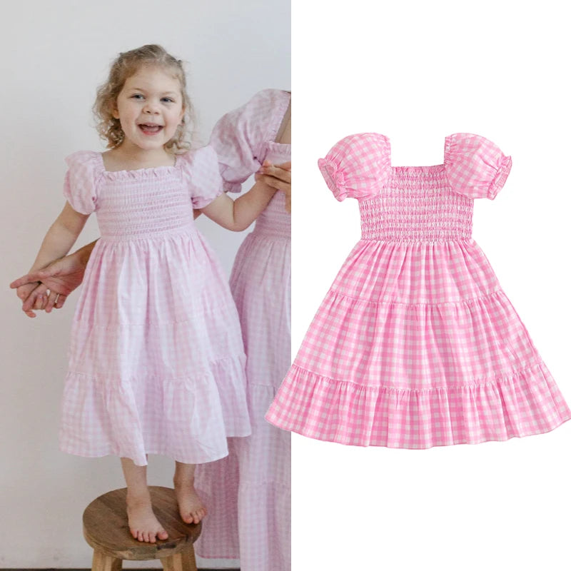 4-6Y Kids Girl's Summer Dress Plaid Print Short Puff Sleeve Square Neck Tiered A-Line Dress