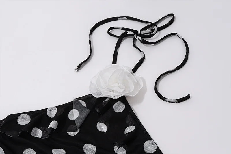 Women's Backless Polka Dot Strappy Halter neck Mini Mesh See Through Irregular Sleeveless Splice Dress