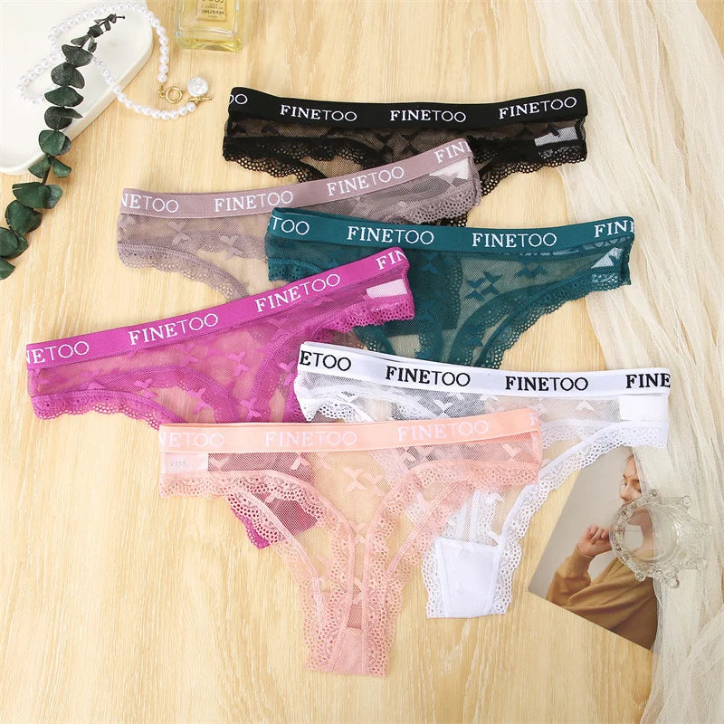 4Pcs Women's Lace Bikini Low-waist Letter Print Underwear G-String Transparent Breathable Thongs