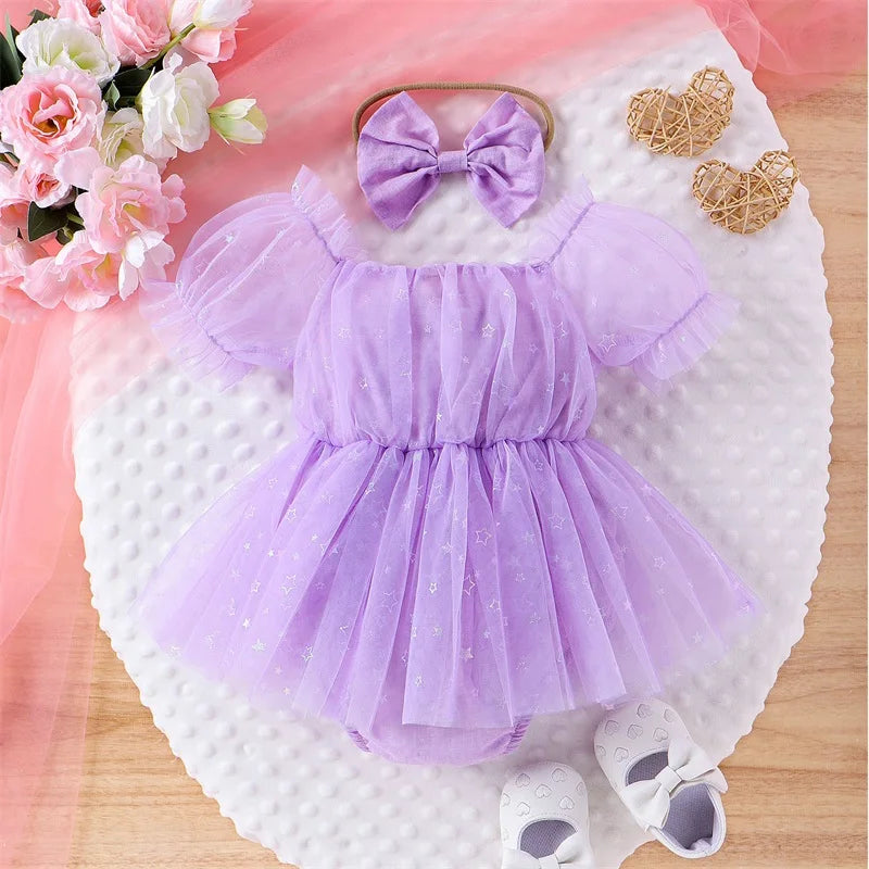 0-24M Princess Baby Girls Summer Romper Dress Short Sleeve Star Print Bowknot Tulle Patchwork Jumpsuits with Headband