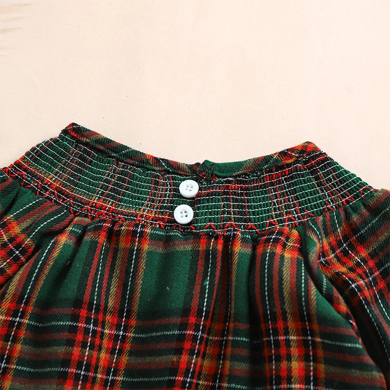 Christmas Santa Embroidery Plaid A-Line Dress - Girls Long Sleeve Festive Dress