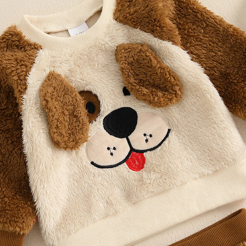 0-4Y Baby Boys Fall Clothes Sets Cute Dog Pattern Plush Long Sleeve Sweatshirt and Pants 2pcs