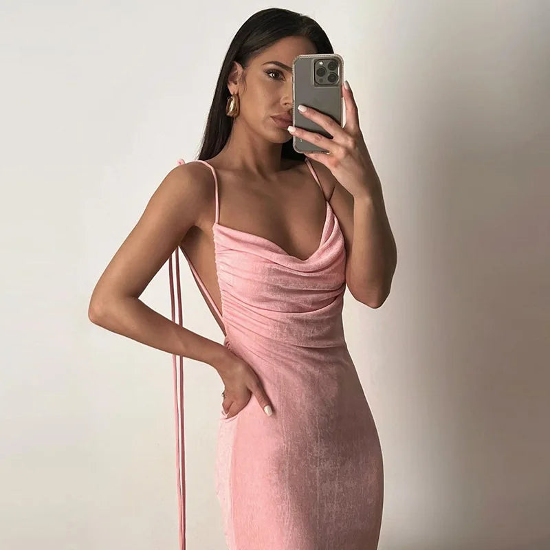 Women's Backless Draped Maxi  Party Sleeveless Knit Ruched Long Dress