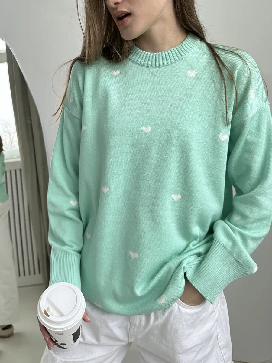 Women's Love Heart Print Knitted Pullover Sweater