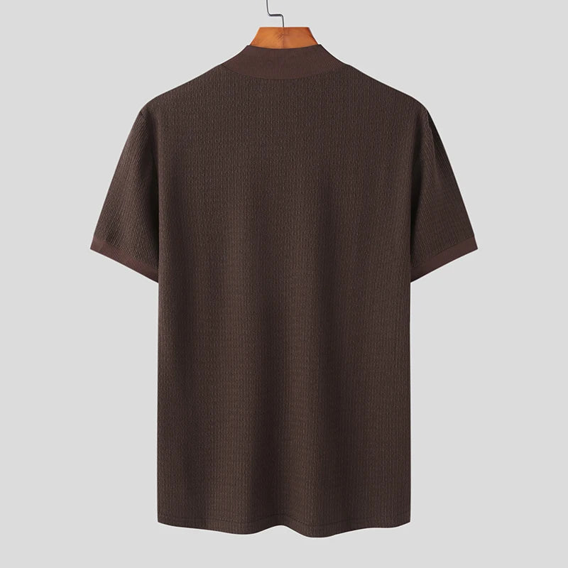 Men Solid Colour Turtleneck  Short Sleeve  T Shirt