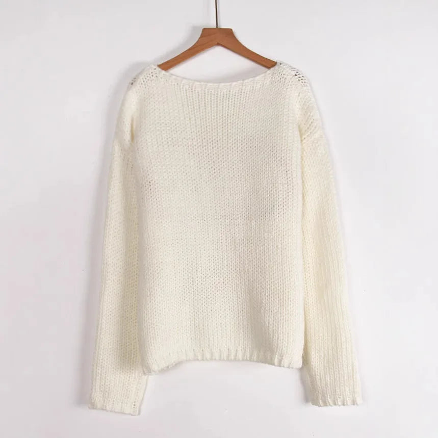 Women's Bows Long Sleeve Knitted Casual Loose Round Neck Crochet Pullovers Splice Sweater Top