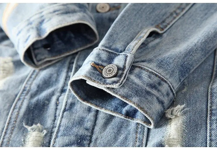 Men's Embroidered Denim Jacket - Retro Ripped Street Style
