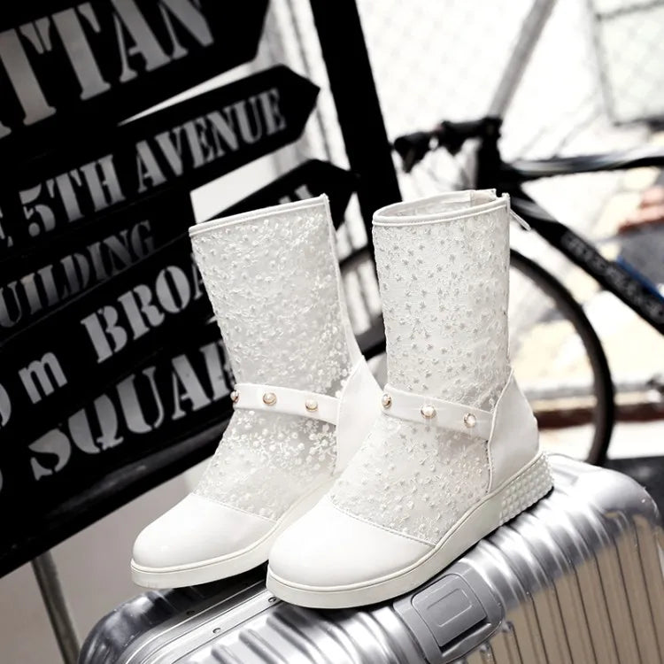 Women's Leather Splicing Mesh Pearl Metal Decoration Zipper Ankle Boots