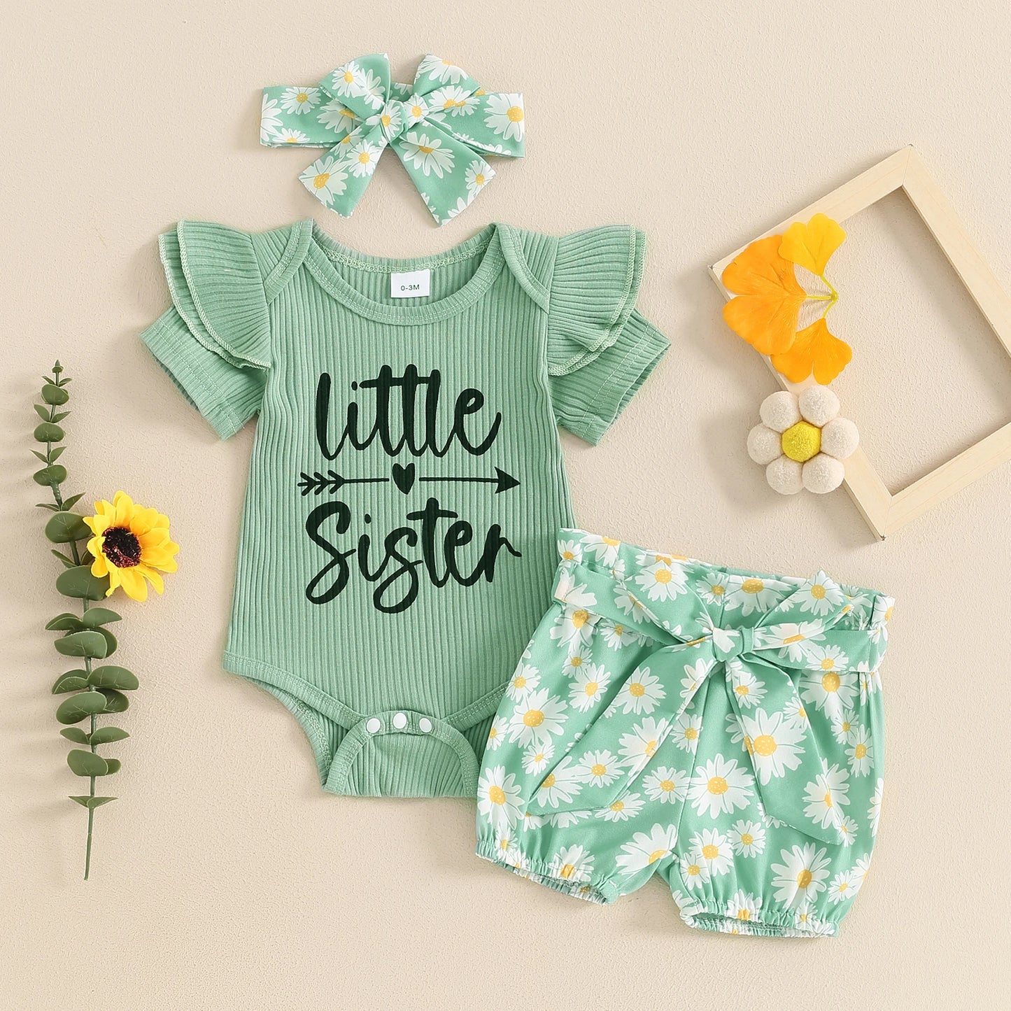 0-24M Baby Girls Summer Clothes Sets 3pcs Letter Print Short Sleeve Romper Sunflowers Shorts with Belt Headband