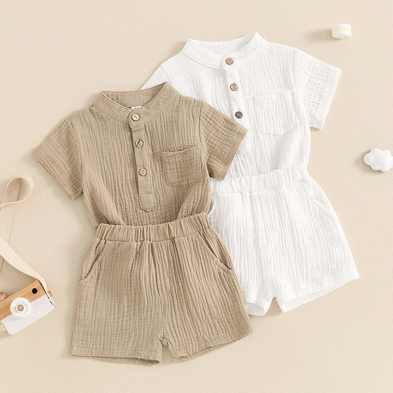 Little Boys Summer Gentleman Outfit Set - Solid Short Sleeve Top & Elastic Waist Shorts (0-4Y)