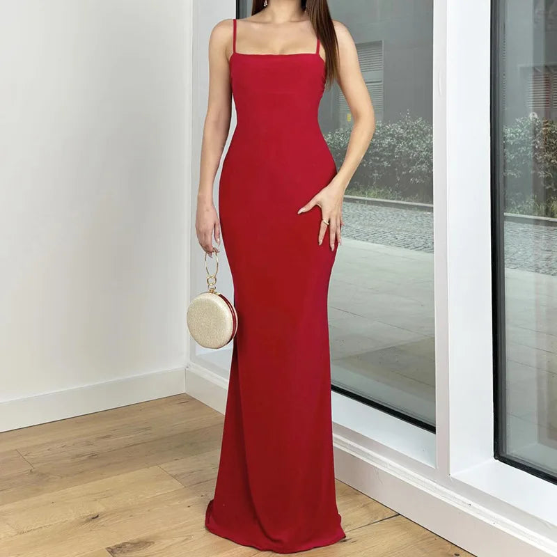 Women's Spaghetti Strap Maxi Back Cut Out Backless Long Dress