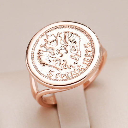 585 Rose Gold Colour Antique Big  Round Shape Carved Totem Ethnic Ring