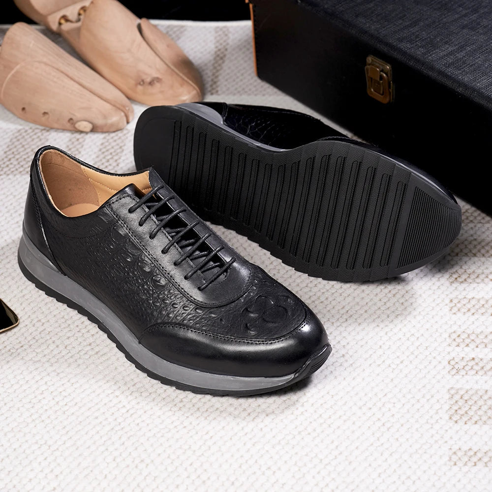 Men's Genuine Leather Crocodile Pattern Oxford Sneakers – Lace-Up Casual Flat Shoes