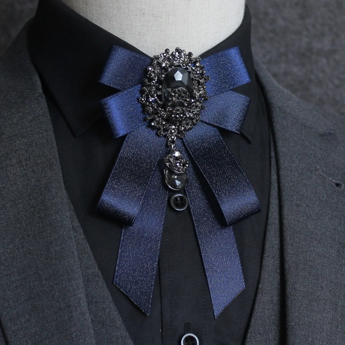 Men's Necktie  Retro Handmade Ribbon Bow Tie Rhinestones Crystal Brooch