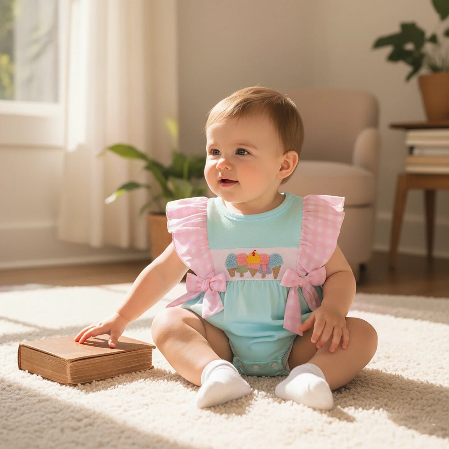 Baby Summer Romper - Plaid Flutter Sleeve Ice Cream Embroidery Jumpsuit