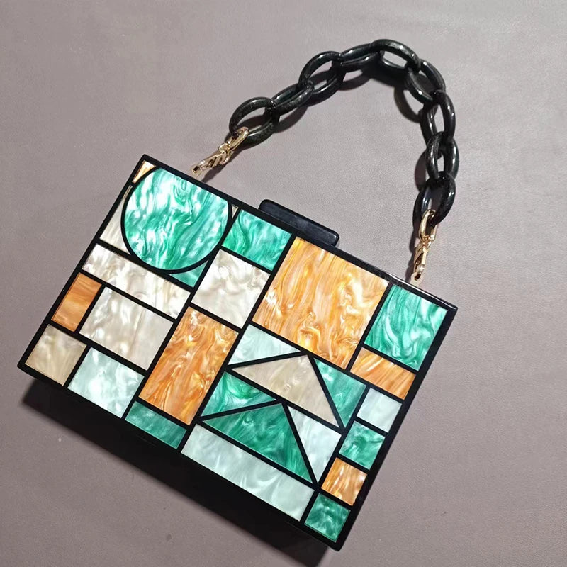 Luxury Acrylic Evening Bag - Chic Multicolour Patchwork Crossbody Clutch with Chain