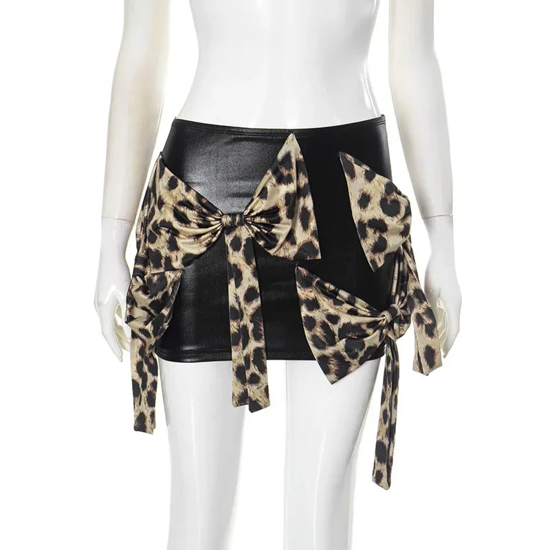 Women's Leopard Bows Super Short  High Waist Patchwork Skirt