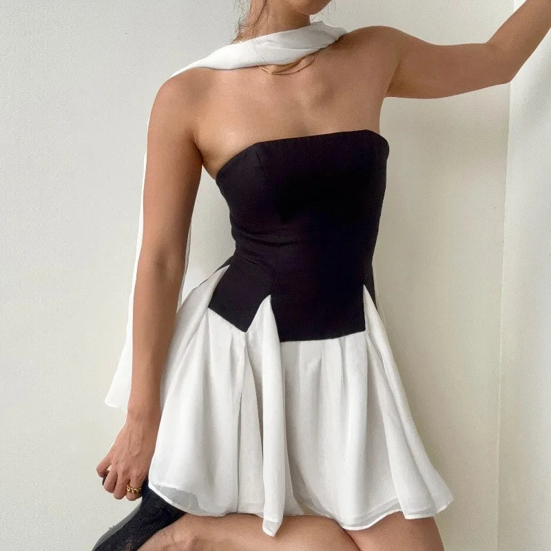 Women's Strapless 2 Piece Set - Crop Top Mini Skirt with Neck Scarf Co-ords