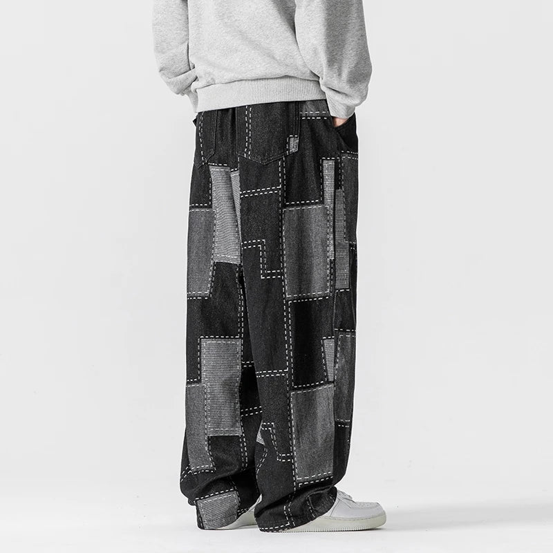 Men's Autumn Winter Loose Patchwork Denim Pants Casual Jean Trousers