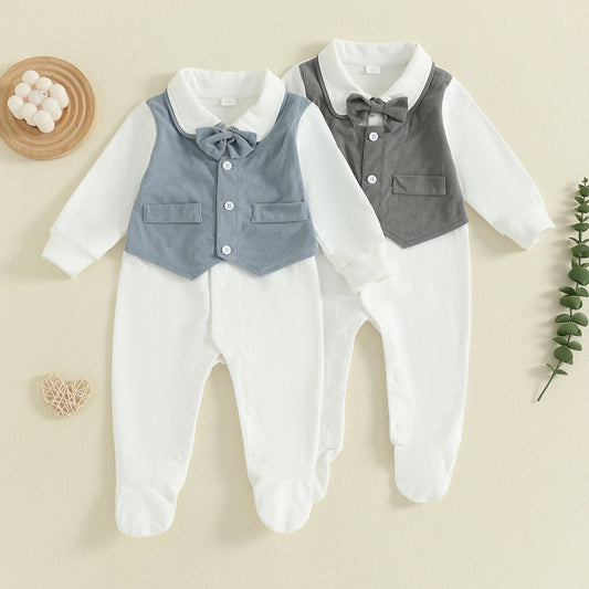 Gentleman Newborn Baby Romper - Footed Jumpsuit with Lapel