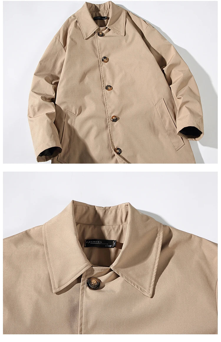 Men's Windbreaker Medium Length Turn Down Collar Trench Coat