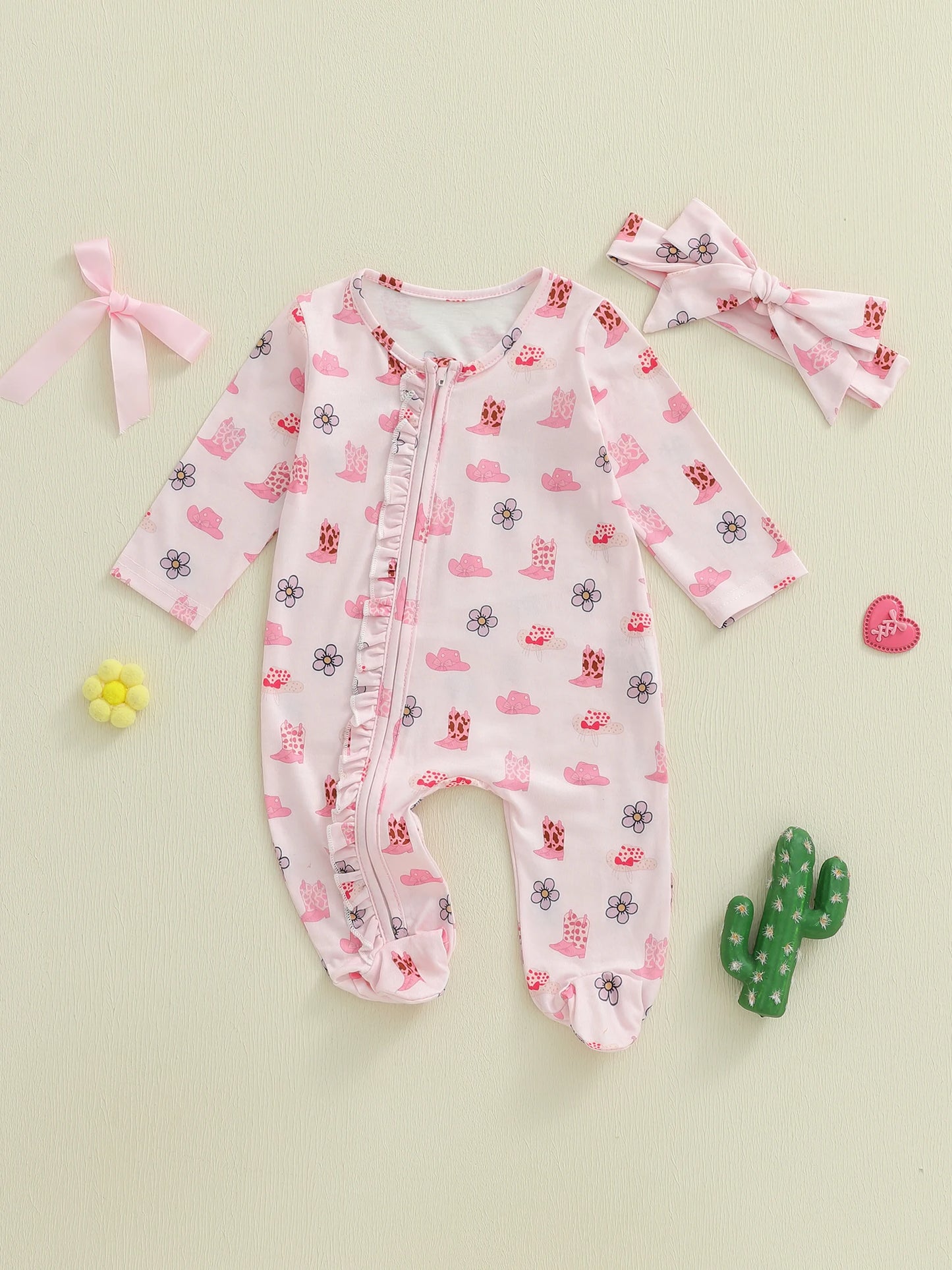 Baby Fall Winter Romper with Floral Hat Print - Zip Up Footed Jumpsuit & Headband (0-18M)