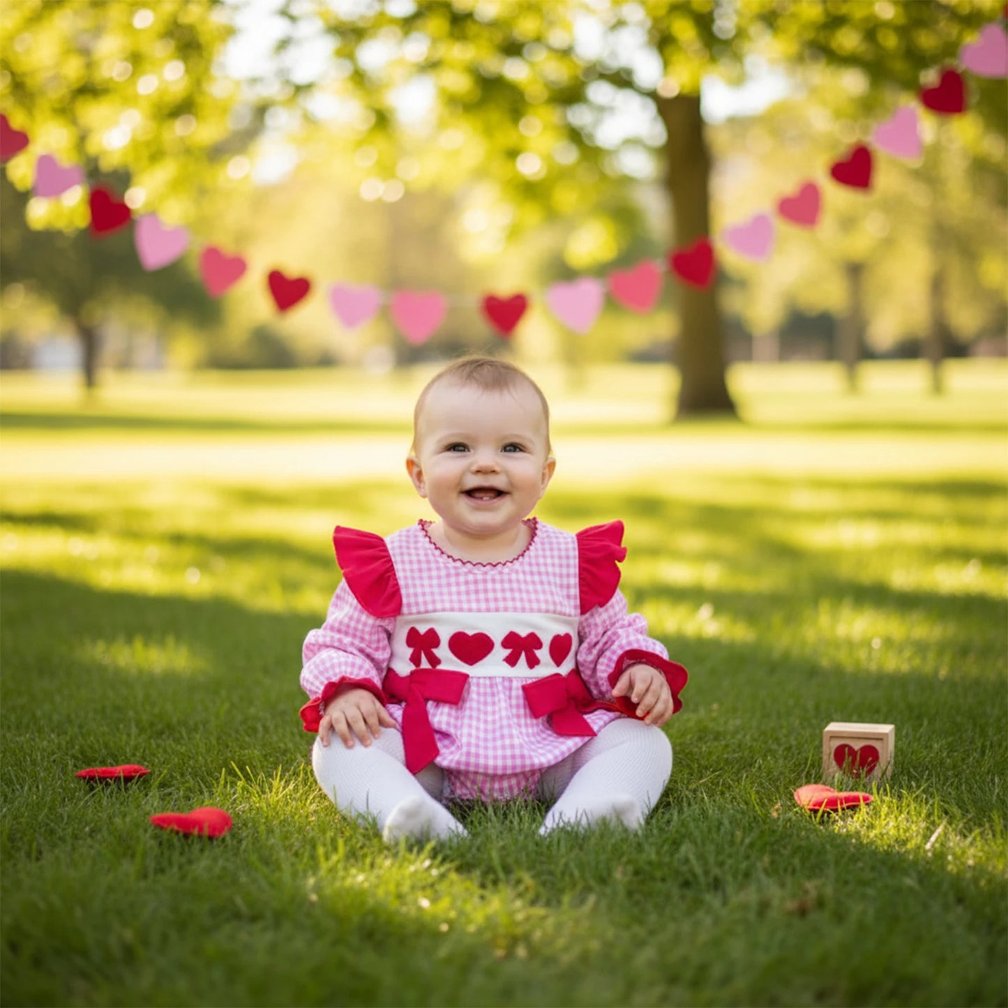 Baby Girls Boys Valentine's Day Plaid Print Bow Heart Embroidered Long Sleeve Romper