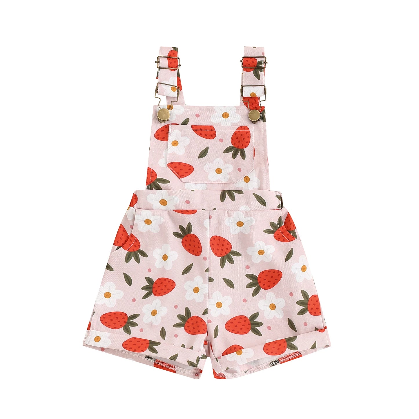 Kids Girls Overalls Shorts 0-6Y Sleeveless Straps Strawberry/Flower Print Denim Button Pocket Jumpsuit