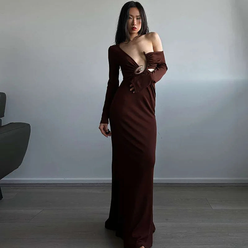 Women's Embellished One Shoulder Cut Out Maxi Outfits Long Sleeve Dress