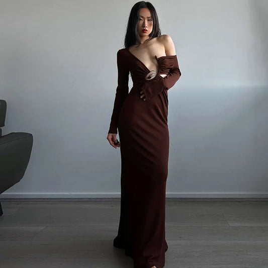 Women's Embellished One Shoulder Cut Out Maxi Outfits Long Sleeve Dress