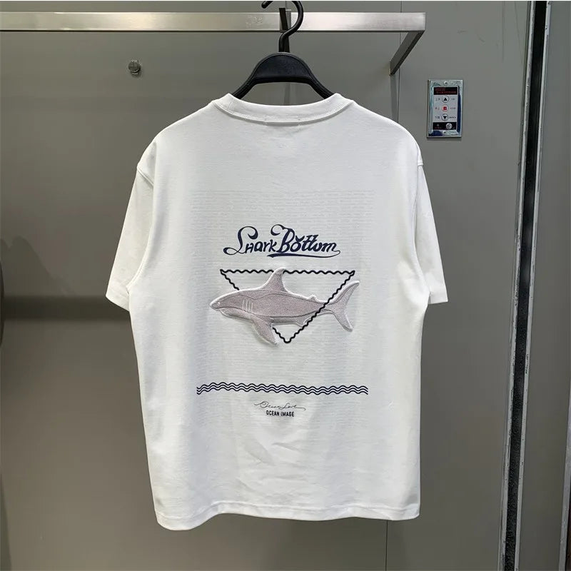Men's Embroidered T-Shirt Shark Patch Back Detail Crew Neck Short Sleeve