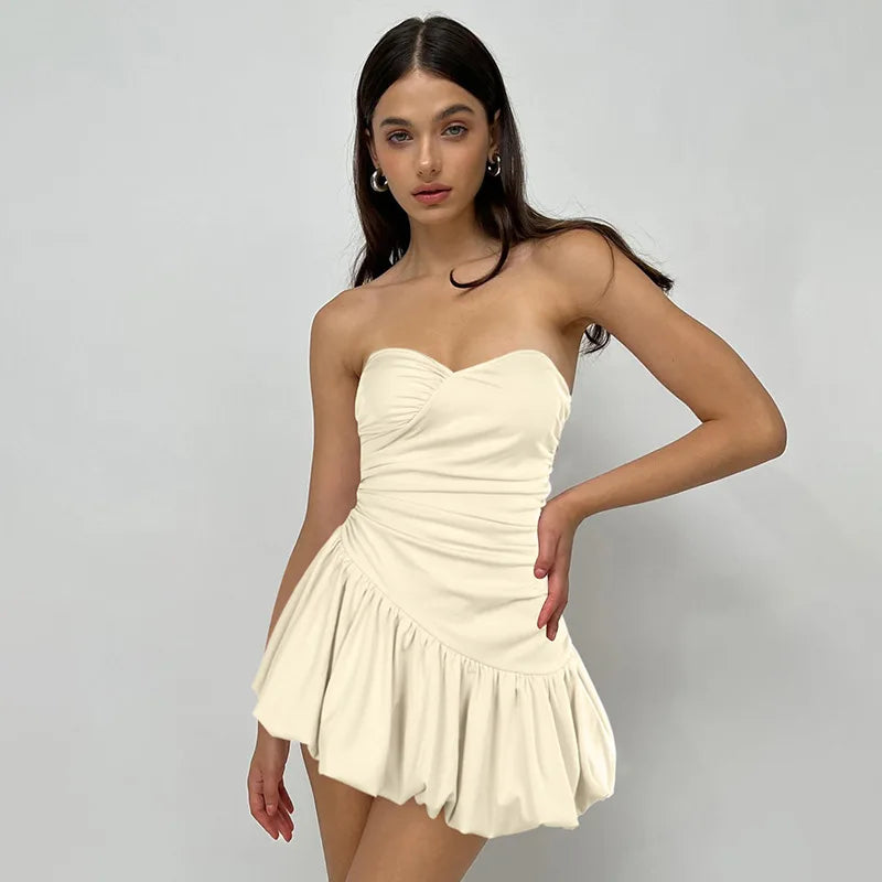 Women's Strapless Folds A-Line Hem Sleeveless High Waisted Backless Dress