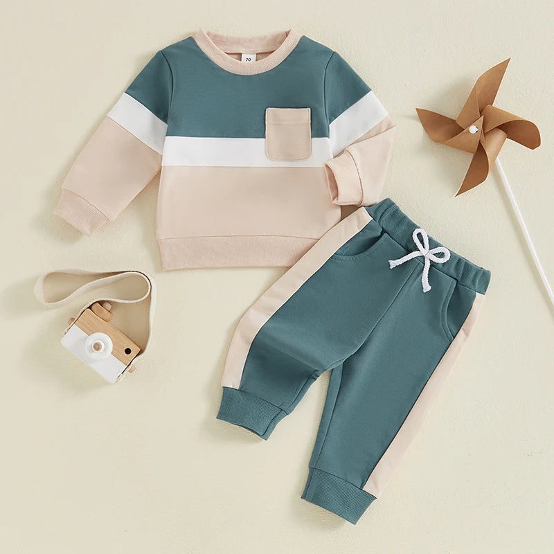 0-4Y Toddler Kids Boys Girls Fall Clothes Sets Contrast Long Sleeve Sweatshirt Tops and Pants Set